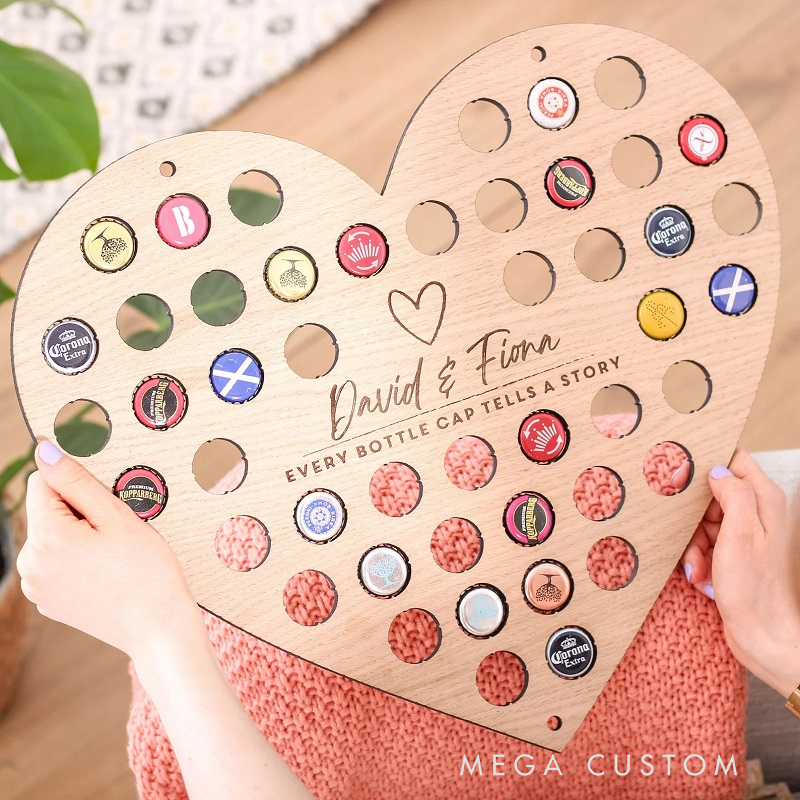 Personalized heart-shaped beer bottle cap display stand