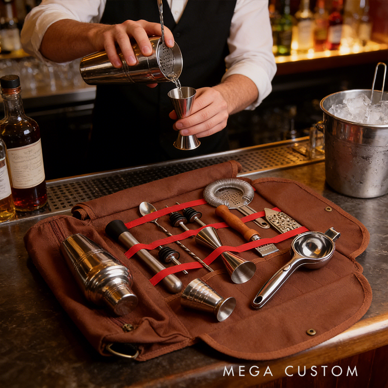 Personalized Premium Roll-Up Bartender Kit – Leatherette Travel Cocktail Tool Set with Stainless Steel Accessories