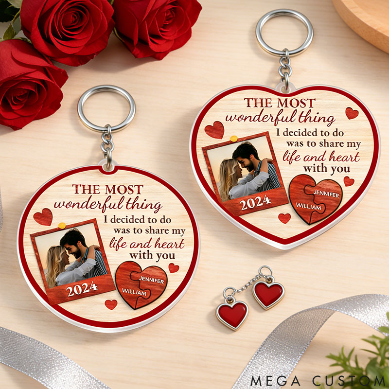 Personalized Couple Photo Portrait Keychain Custom The Most Wonderful Thing Heart Puzzle Keychain Anniversary Gift Valentines Day Gift for Him Her
