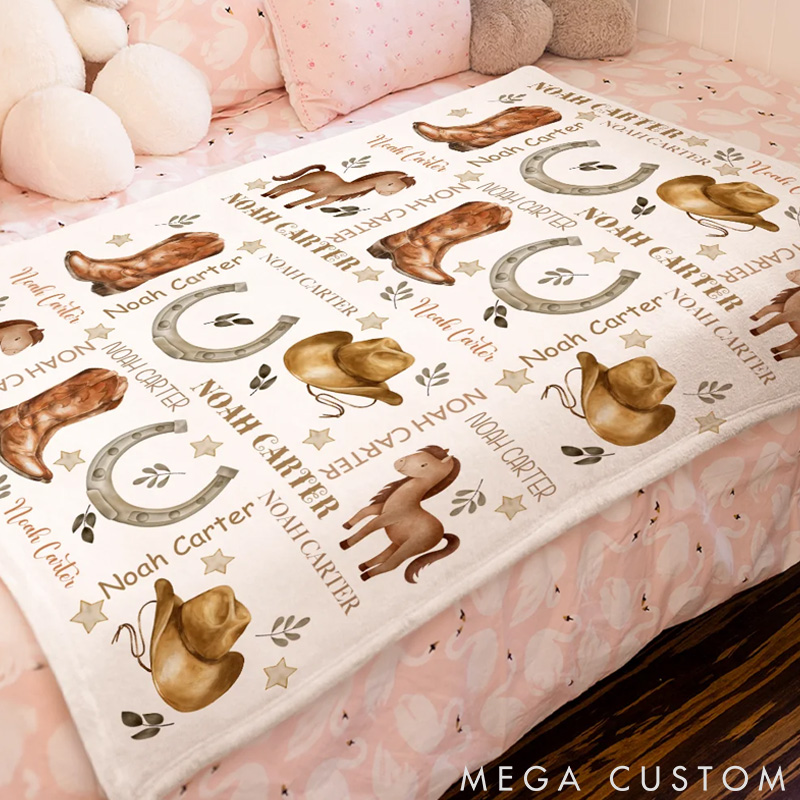 Personalized Pet Lover Horse Lover Horseshoe Flower Star Soft with Name Gift for Pet Lover for Horse Lover Throw Blanket