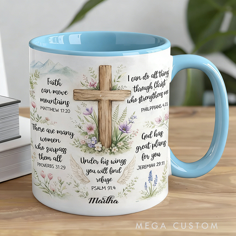 Personalized Floral Cross Bible Verse 11oz Ceramic Mug with Custom Name Religious Coffee Mug Christian Gift Faith Quote Gift