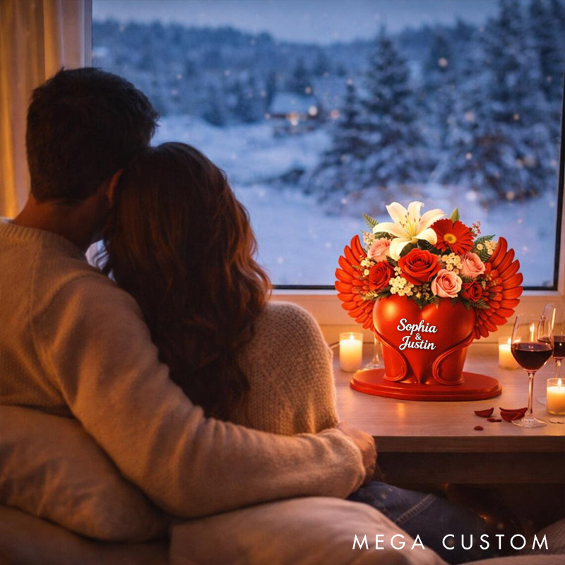 Personalized Valentine's Day Heart with Wings Flower Vase Custom Couple 3D Printed Red Heart Flower Vase with Text Valentine's Day Anniversary Gift