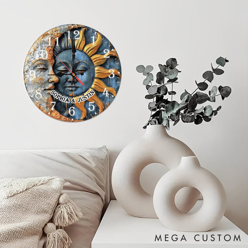Personalized Couple Sun and Moon Wall Clock Custom Boho Style Graphic 3D Printed Wall Clock Anniversary Gift Valentines Day Gift for Him Her