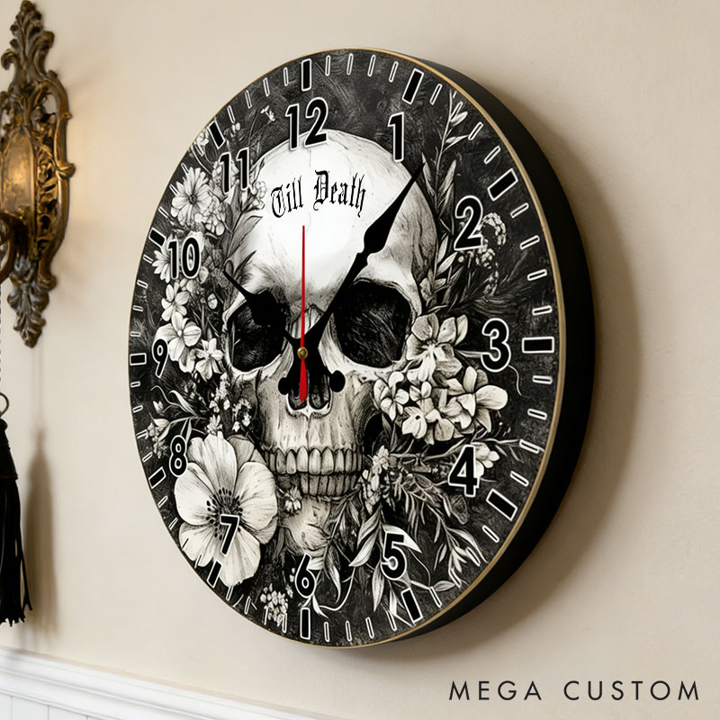 Personalized Man Skull Floral Till Death Wall Clock Custom Boyfriend Husband Gothic Style Graphic 3D Printed Wall Clock Valentines Day Gift for Him