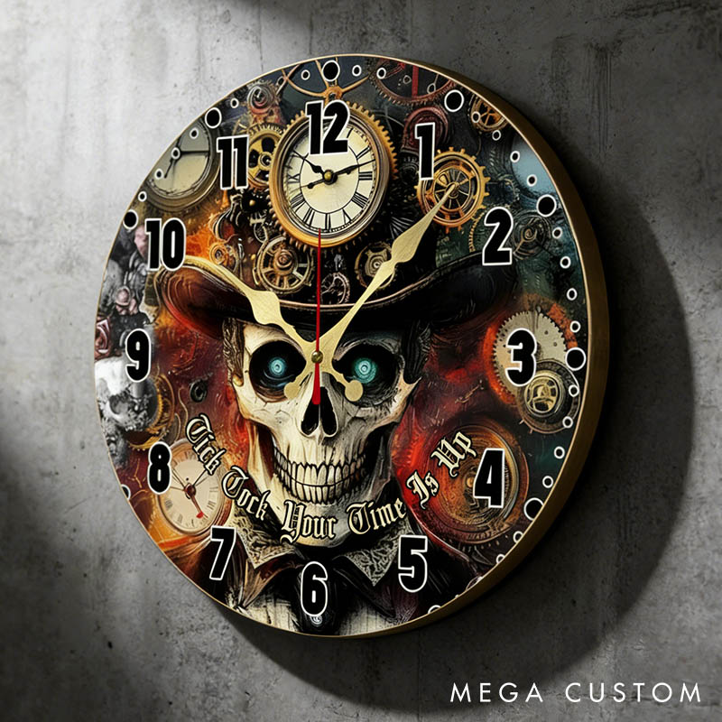 Personalized Man Skull Tick Tock Your Time Is Up Wall Clock Custom Boyfriend Husband Gothic Graphic 3D Printed Wall Clock Valentines Day Gift for Him