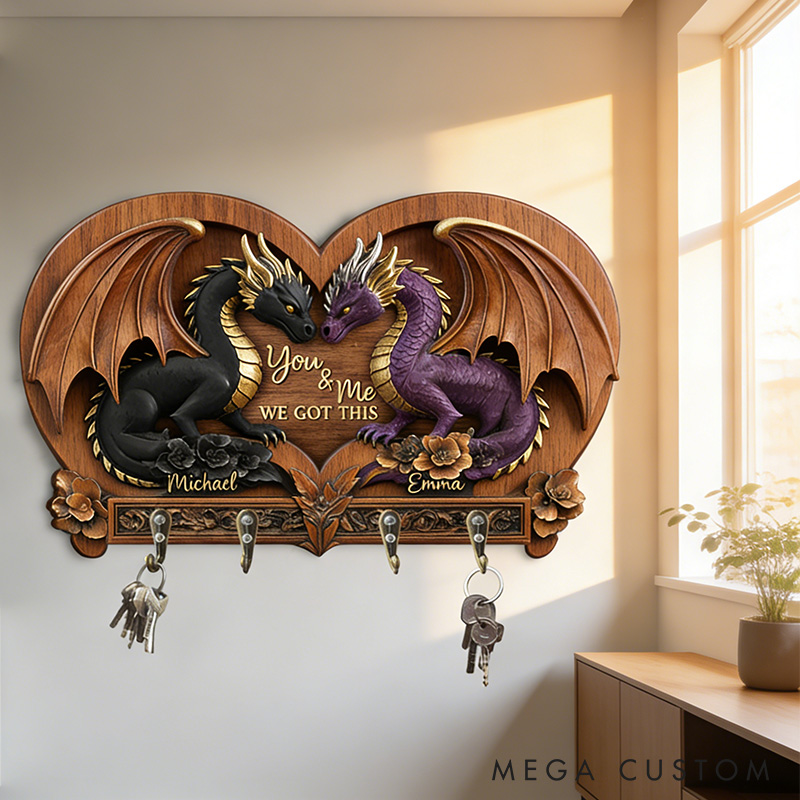 Personalized You and Me We Got This Dragon Couple Wooden Key Rack Custom Graphic 3D Printed Effect Key Hanger Anniversary Valentines Day Gift