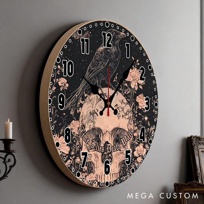 Personalized Man Skull Time Flies Death Waits Wall Clock Custom Boyfriend Husband Gothic Graphic 3D Printed Wall Clock Valentines Day Gift for Him