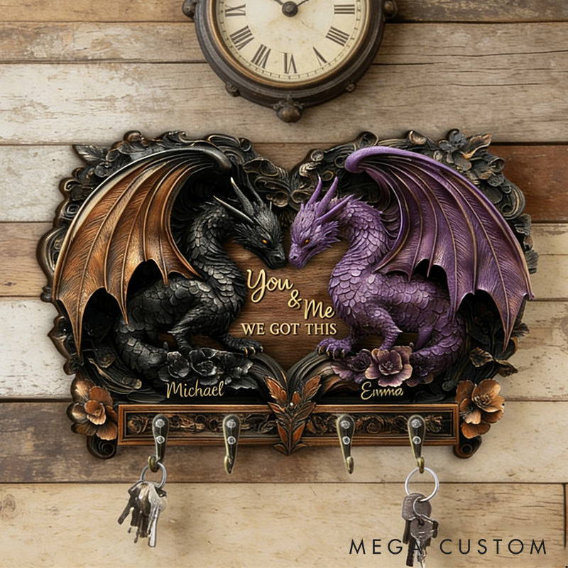 Personalized You and Me We Got This Dragon Couple Wooden Key Rack Custom Graphic 3D Printed Effect Key Hanger Anniversary Valentines Day Gift