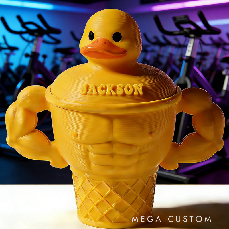 Personalized Funny Muscle Arm Duck Ice Cream Pint Holder 3D Printed Cozy with Spoon Slot Fitness Inspired Cozie Gym Gift Fuzzy Texture for Gym Lover