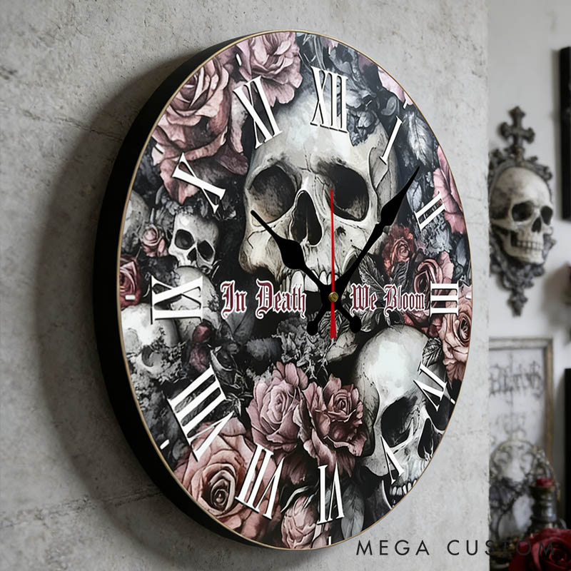Personalized Couple Skull and Rose In Death We Bloom Wall Clock Custom Gothic Style Graphic 3D Printed Wall Clock Anniversary Gift Valentines Day Gift
