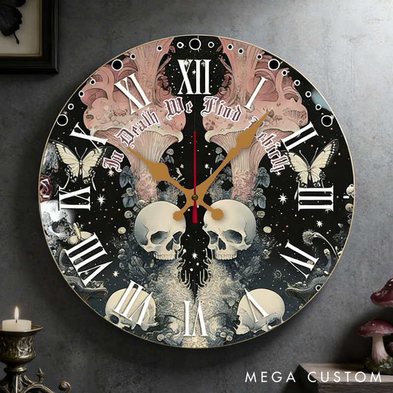 Personalized Couple Skull Butterfly In Death We Find Rebirth Wall Clock Custom Gothic Style Graphic 3D Printed Clock Anniversary Valentines Day Gift