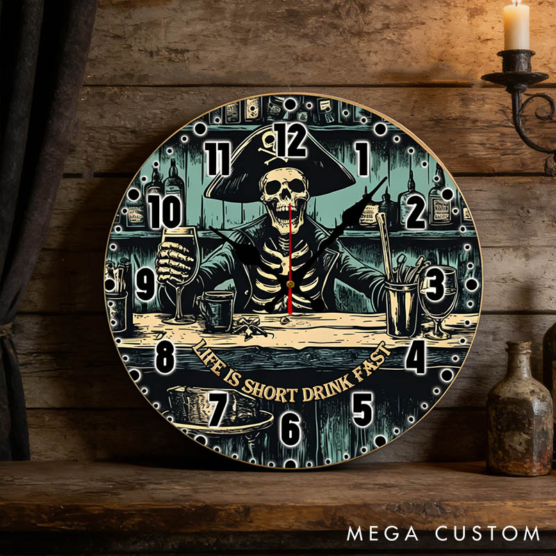 Personalized Man Skull Life Is Short Drink Fast Wall Clock Custom Gothic Style Pirate Skeleton 3D Effect Clock Anniversary Valentines Day Gift for Him