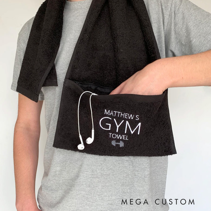 Personalized Gym Towel Embroidered Name Fitness Towel with Zipper Pocket Custom Sports Gift for Birthday for Gym Lovers