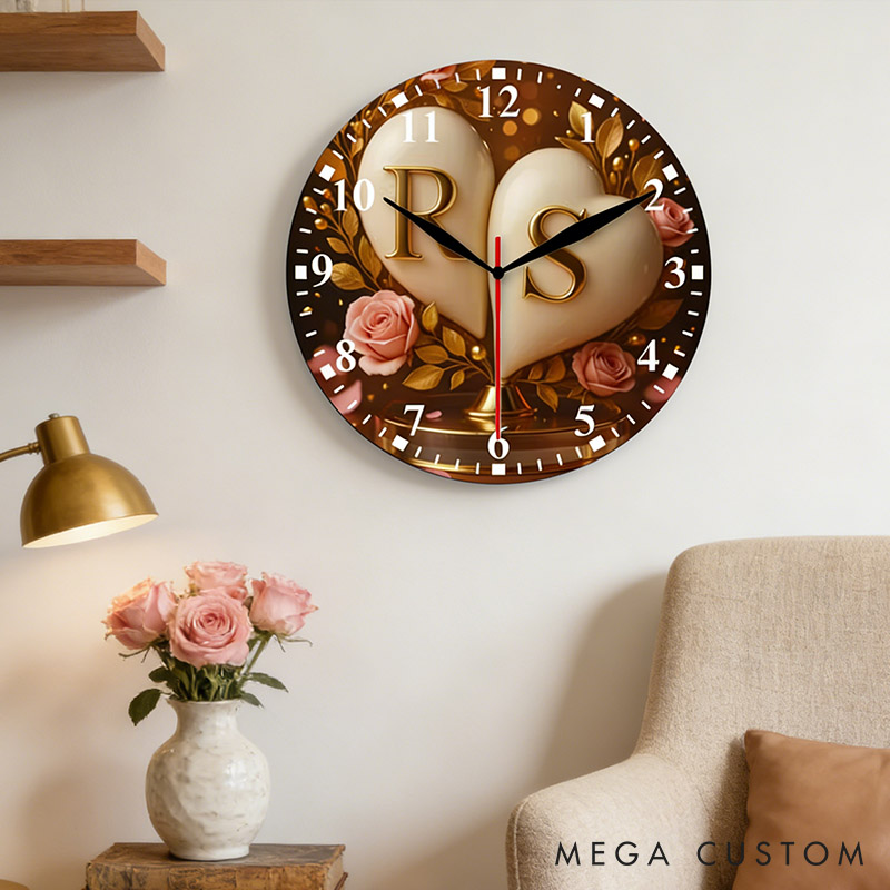 Personalized Couple Two Intertwined Hearts with Pink Rose Wall Clock Custom Romantic Golden 3D Effect Name Wall Clock Anniversary Valentines Day Gift