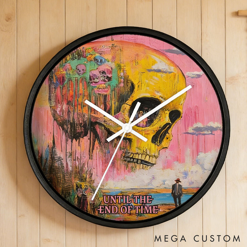 Personalized Psychedelic Pastel Skull Wall Clock Until the End of Time Artistic Skull Wall Clock for Husband Wife Gothic Home Decor Wall Clock