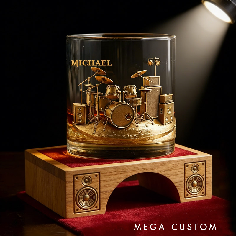 Personalized Drum Set Whiskey Glass Custom Name Whiskey Glass Engraved Glasses Gift Drummer Birthday Concert Holiday Gift