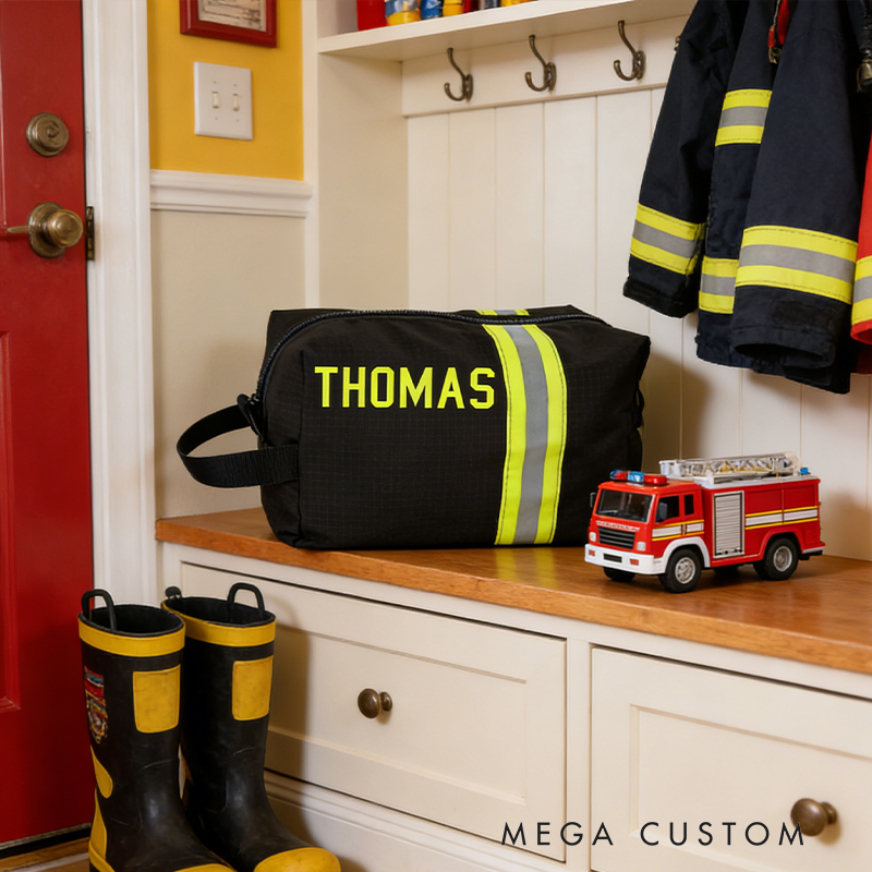 Personalized Custom Firefighter Gear Bag - Personalized Name Hi-Vis Reflective Strip Organizer Durable Fire-Resistant Toiletry/Tool Pouch for First Responders, On-Duty Use & Travel