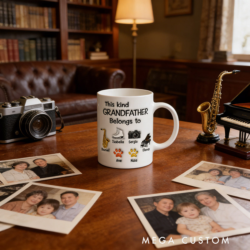 Personalized This Kind Grandfather Belongs To Mug Custom with Icons Name Text for Birthday Father's day Holiday