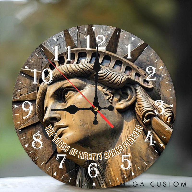 Personalized Man Woman The Torch of Liberty Burns Forever Wall Clock Custom 3D Effect Clock Independence Day Gift Valentine's Day Gift for Him Her