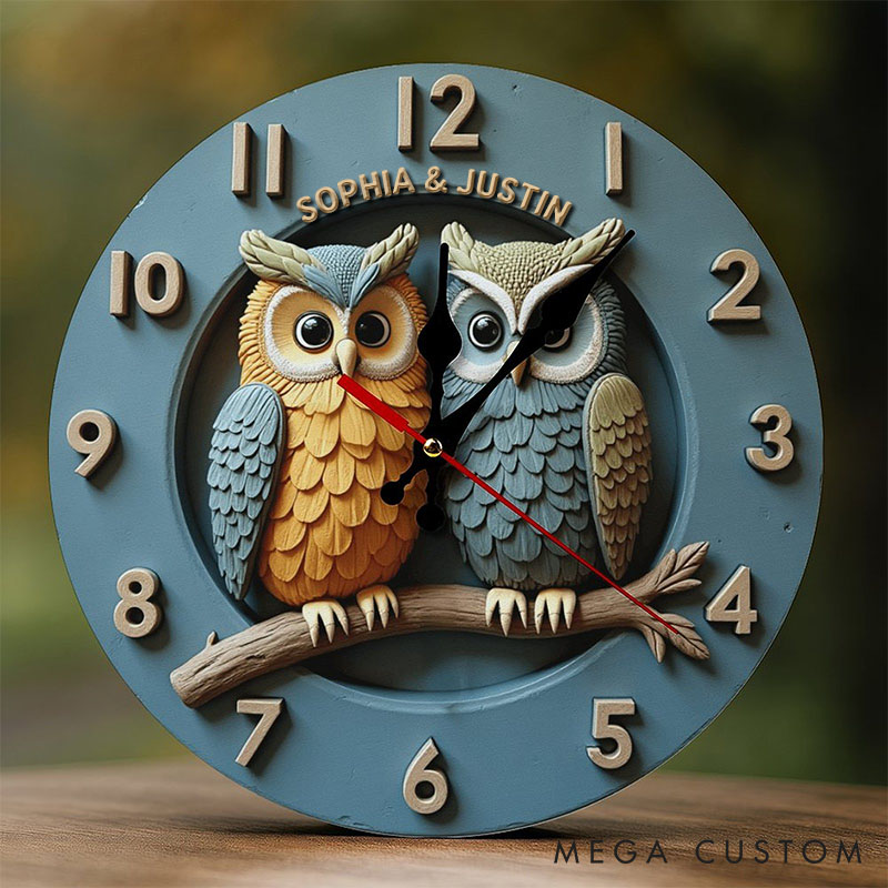 Personalized Owl Couple Wall Clock Custom Romantic Owl Couple on a Branch 3D Effect Clock with Name Anniversary Gift Valentine's Day Gift for Him Her