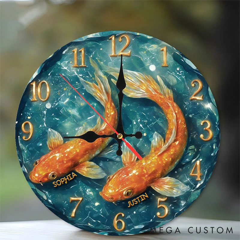 Personalized Koi Fish Couple Wall Clock Custom Romantic Koi Fish Couple Swimming Together 3D Effect Clock Anniversary Valentine's Day Gift for Him Her