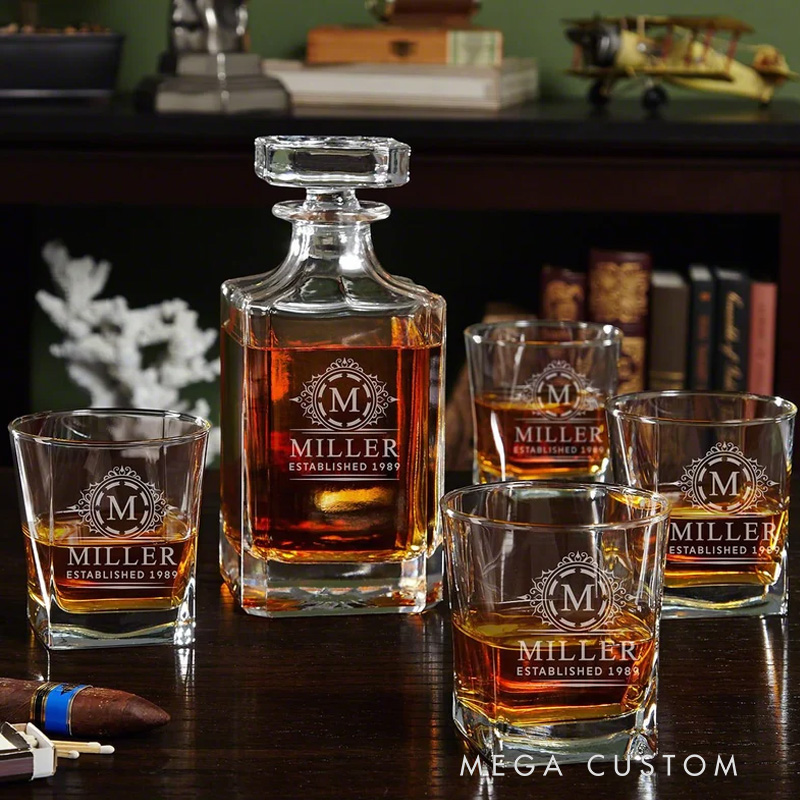Personalized Bourbon Decanter Set with Bourbon Glasses Engraved Glass Barware Valentine’s Day Gift for Boyfriend Dad Gift Anniversary Gift for Him