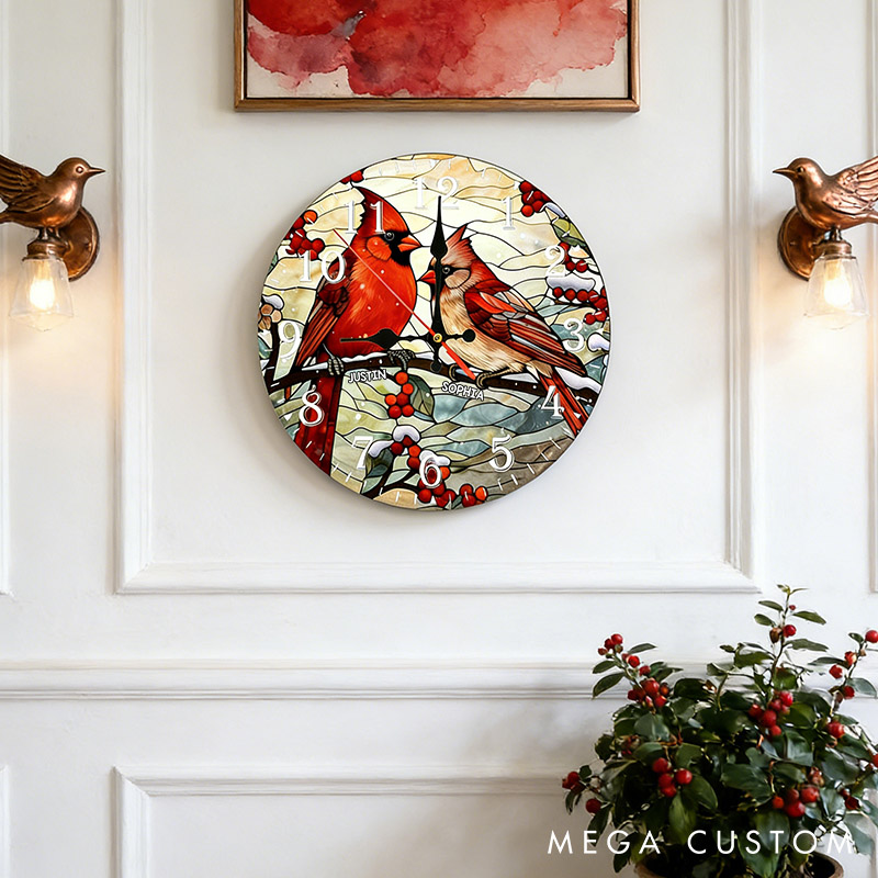 Personalized Couple Vibrant Cardinals Perched on a Branch Wall Clock Custom Stained Glass Design Clock Anniversary Valentines Day Gift for Him Her