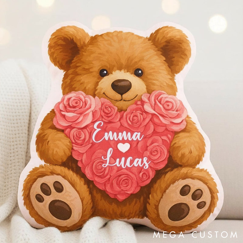 Personalized Teddy Bear Shape Pillow Custom Name Romantic Anniversary Cushion Decor Pillow Valentine Gift for Her