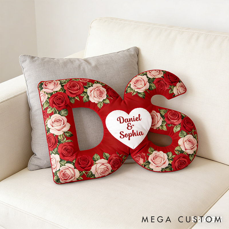 Personalized Initial Heart Pillow Romantic Rose Design Throw Pillow for Wife Girlfriend Valentines Gift for Her