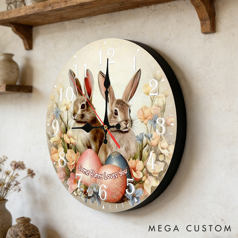 Personalized Couple Some Bunny Loves You Wall Clock Custom Easter Floral Bunny with Eggs Wall Clock with Text Easter Gift for Him Her Anniversary Gift