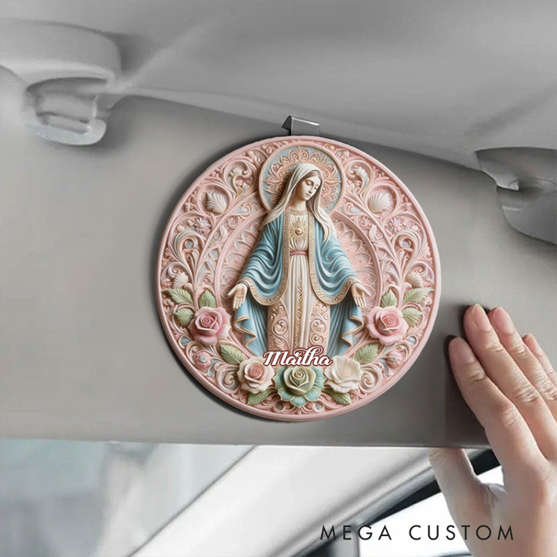 Personalized Virgin Mary God of Mother Pink Floral Car Visor Clip with Custom Name Car Decor Religious Gift Catholic Gift for Women