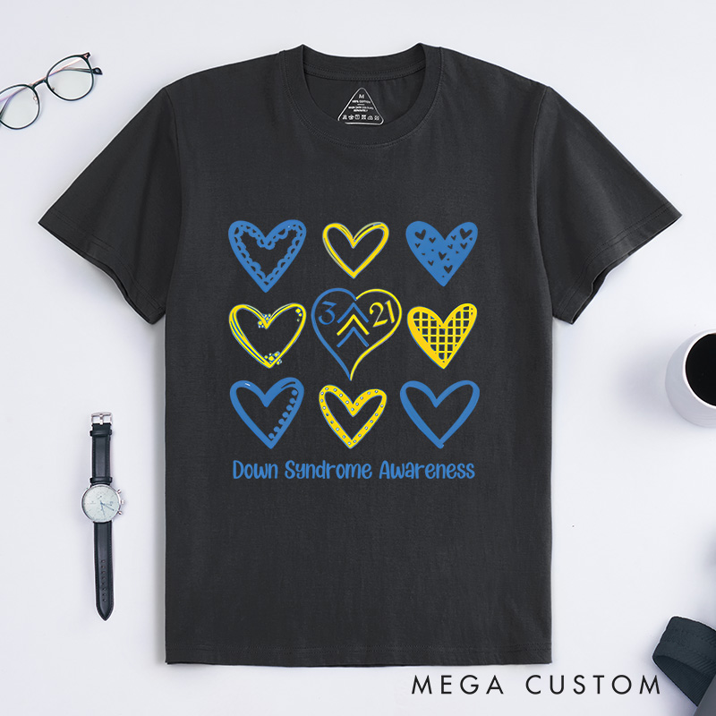 Personalized Down Syndrome Awareness Heart Pattern Support Inclusion Advocacy T-shirt
