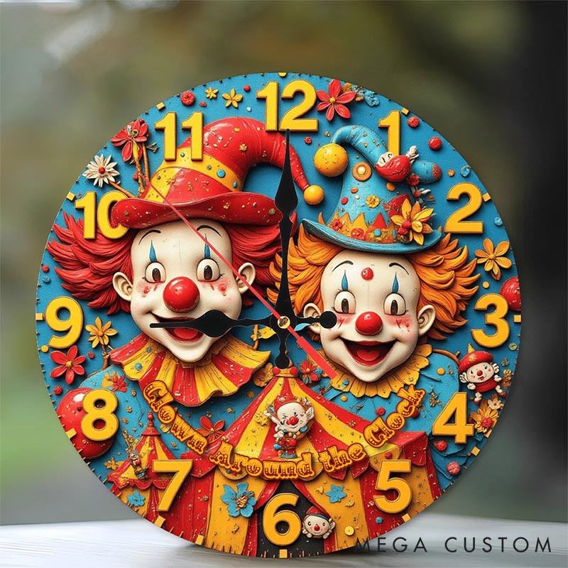 Personalized Couple Cheerful Clown Around the Clock Wall Clock Custom Vintage Circus Clown Wall Clock with Text Gift for Him Her Anniversary Gift