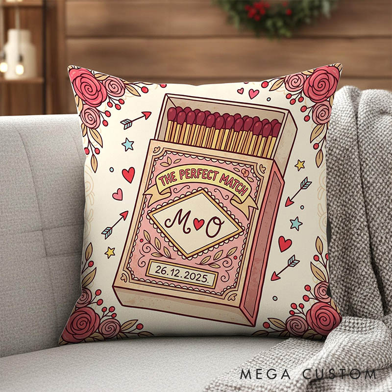 Personalized The Perfect Match Pillow Romantic Matchbox Design Couple Pillow Valentine's Gift Throw Pillow for Wife Anniversary Gift