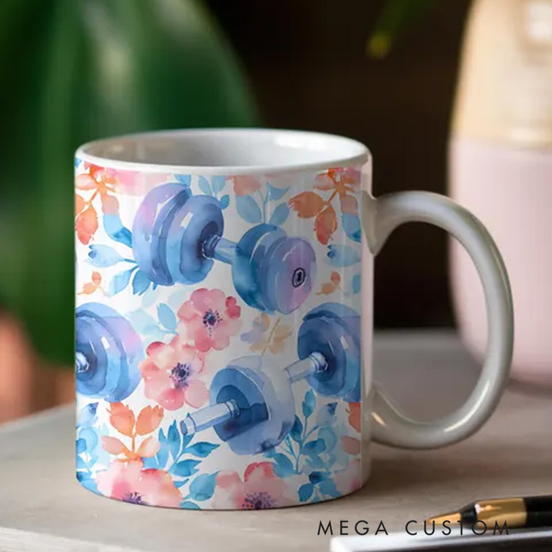 Personalized Couple Mug Floral Gym Weights Coffee Mug Watercolor Fitness Gift for Gym Lover