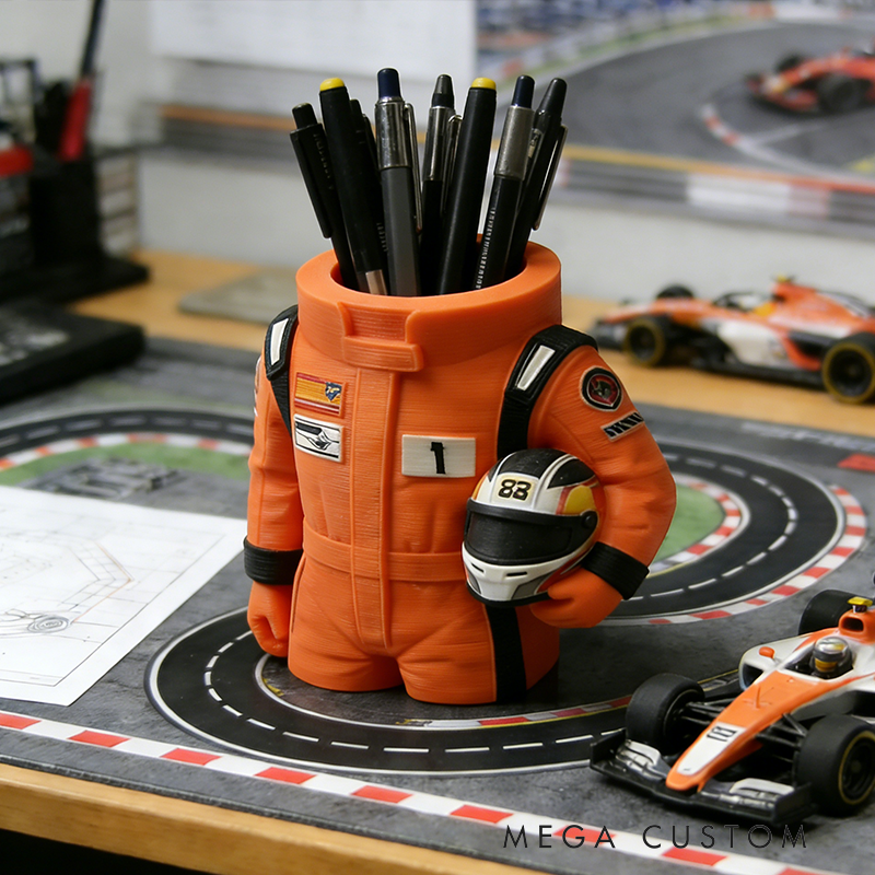 Racing Suit 3D Printed Pen Holder - F1-Themed Desk Organizer with Helmet Detail