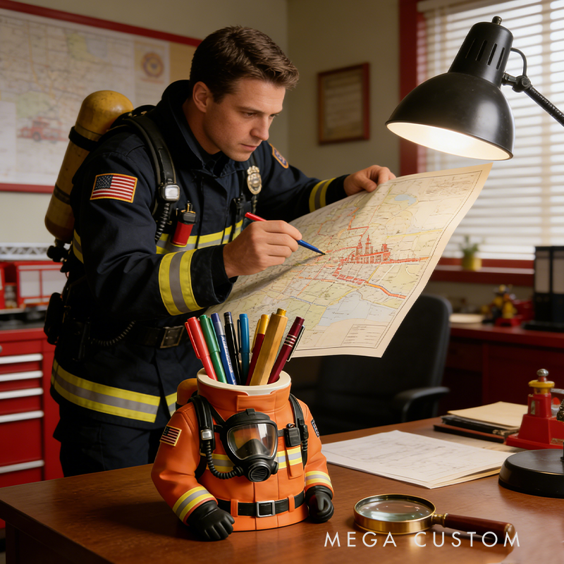 Firefighter Gear 3D Printed Pen Holder - Hero-Themed Desk Storage Organizer