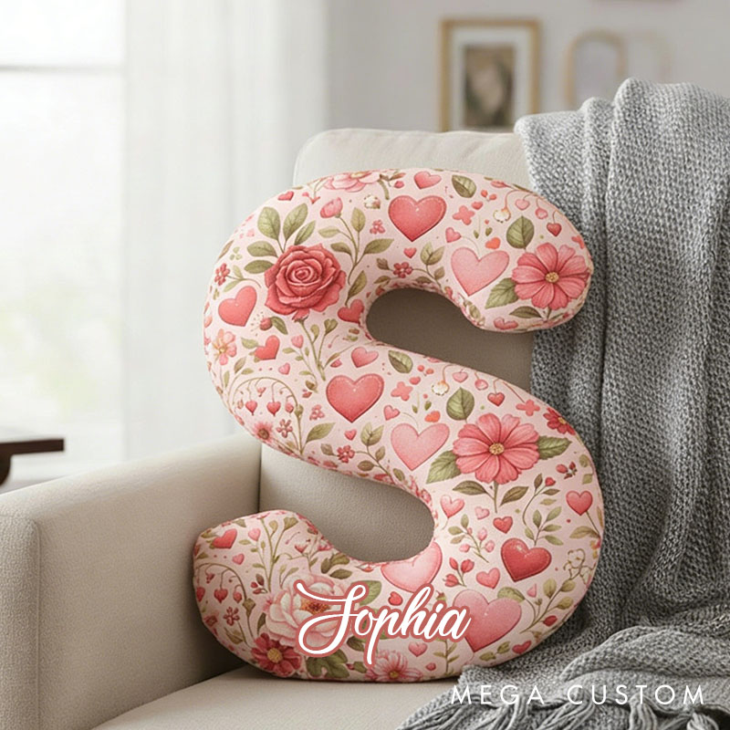 Personalized Floral Initial Pillow Custom Romantic Heart and Rose Throw Pillow Valentine's Gift for Wife Girlfriend