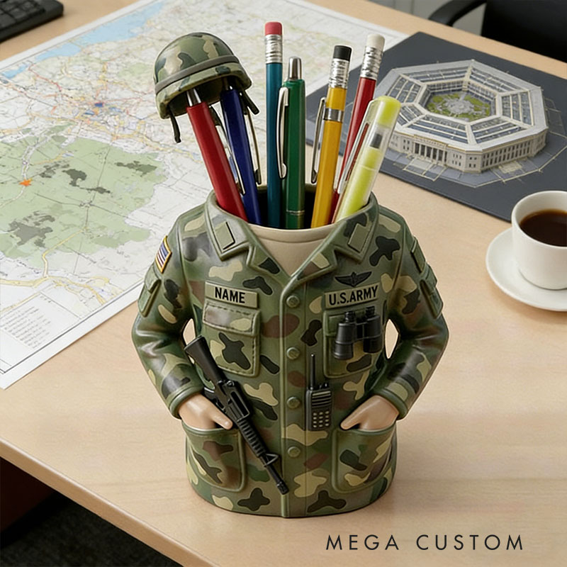 Personalized Soldier Uniform Pencil Holder Military Desk Organizer Army Veteran Gift Tactical Vest Pen Stand