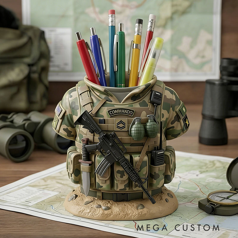 Personailzed Commando Uniform Pencil Holder Special Forces Desk Organizer Tactical Vest Pen Stand Elite Soldier Gift
