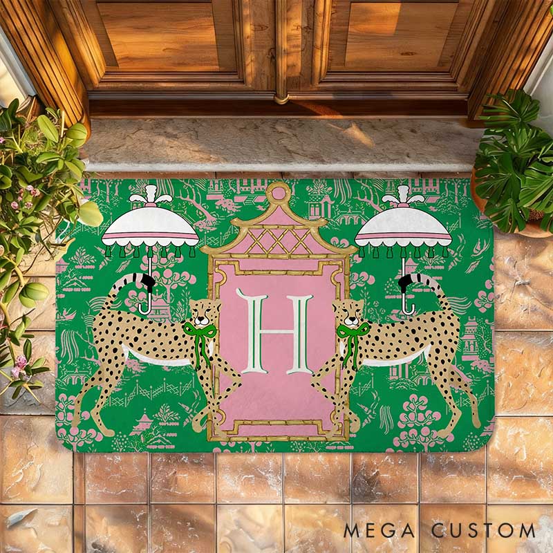 Personalized Leopard Pagoda Chinoiserie Non-Slip Door Mat with Initial Entryway Home Decor Anniversary Gift for Couple