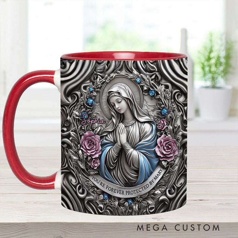 Personalized You're Forever Protected by Mary 11oz Ceramic Mug with Custom Name Religious 3D Coffee Mug Catholic Gift for Women