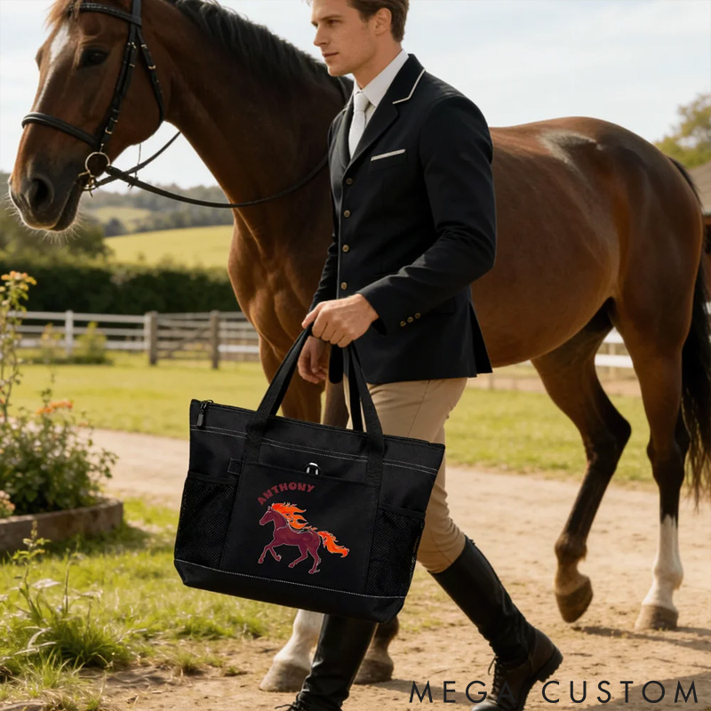 Personalized Pet Lover Multicolor Floral Horse Large Capacity Oxford Tote Bag with Name and Mesh Pockets Horse Training Daily Use Gift for Horse Lover