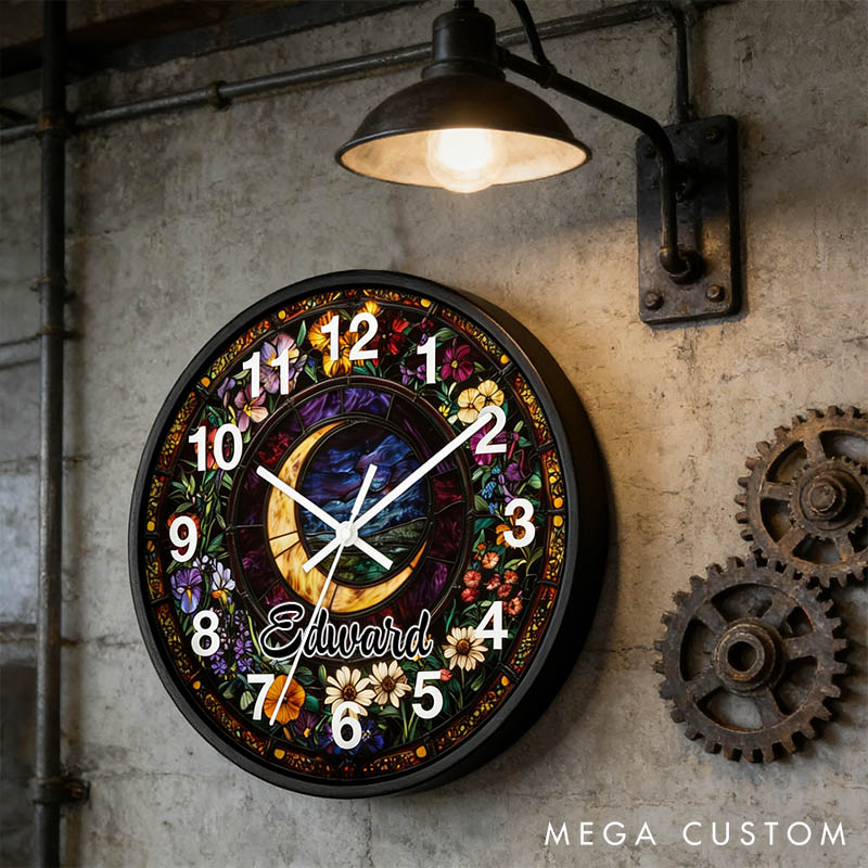 Personalized Round Wall Clock Featuring Gothic Crescent Moonlit Wildflowers Design Stained Glass-Style Wall Clock for Husband Wife