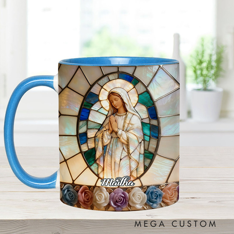 Personalized Our Lady of Grace Stained Glass 11oz Ceramic Mug with Custom Name Religious 3D Coffee Mug Catholic Gift for her