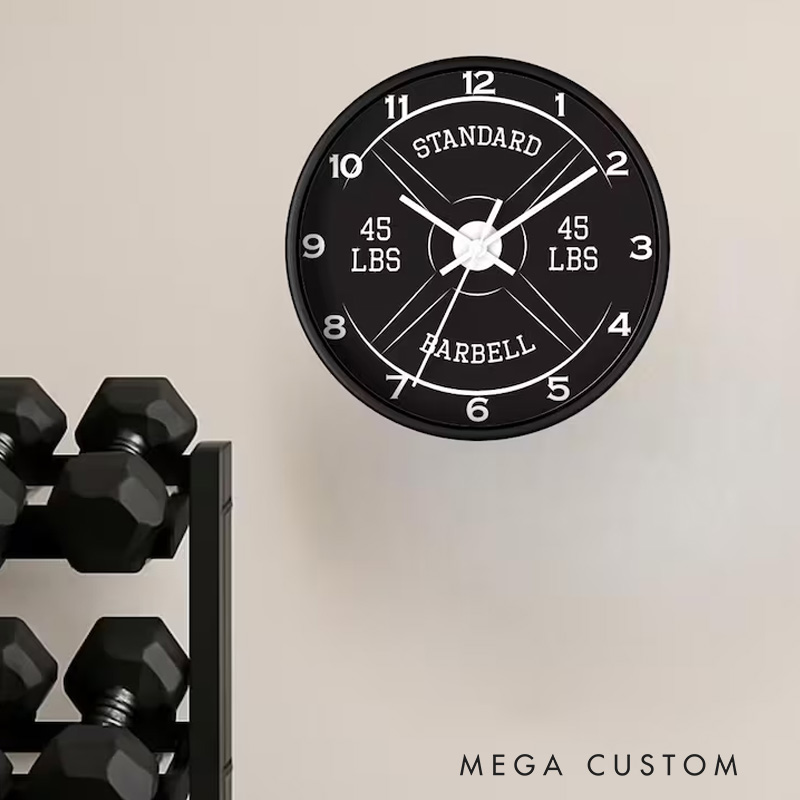 Personalized Gym Wall Clock 45lb Barbell Gym Clock Silent Analog Wall Decor Workout Clock Wall Clock for Gym Lover