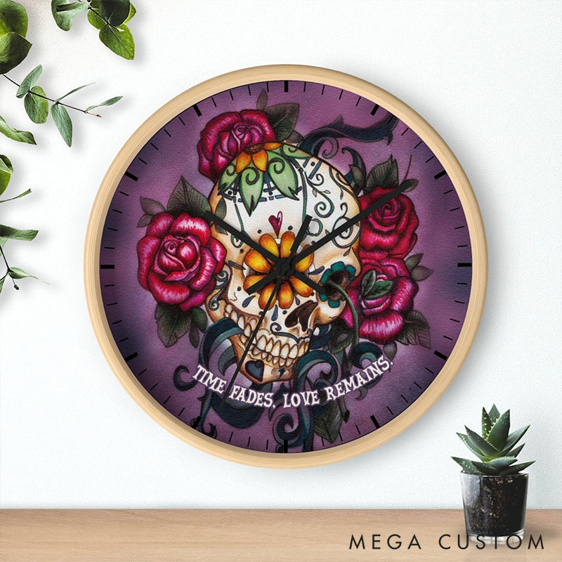 Personalized Sugar Skull Wooden Wall Clock Time Fades Love Remains Dia de los Muertos Decor Sugar Skull and Roses Wall Clock for Couple