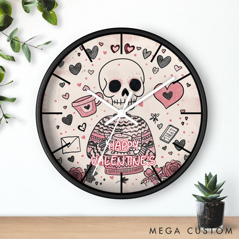 Personalized Skeleton Wall Clock Cute Goth Valentines Day Wall Decor Quirky Valentine's Day Skull Wall Clock Gift for Her Him