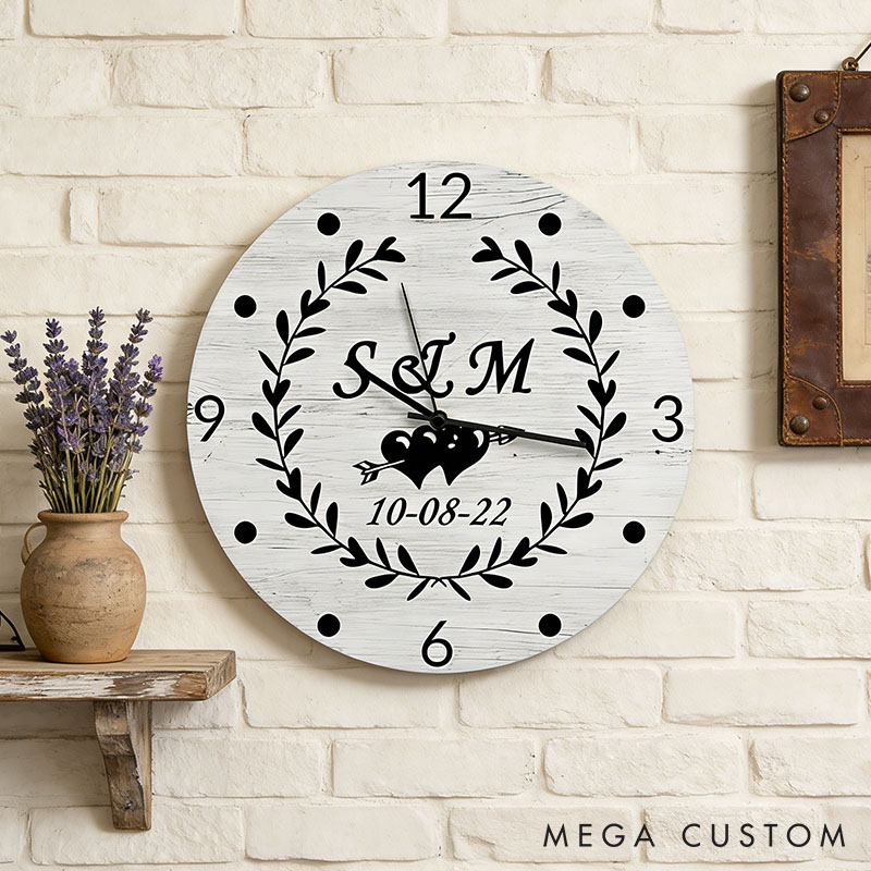 Personalized Couple Initials with Laurel Wreath Wall Clock Custom Newlyweds Wall Clock with Name and Date Anniversary Valentines Day Gift for Him Her