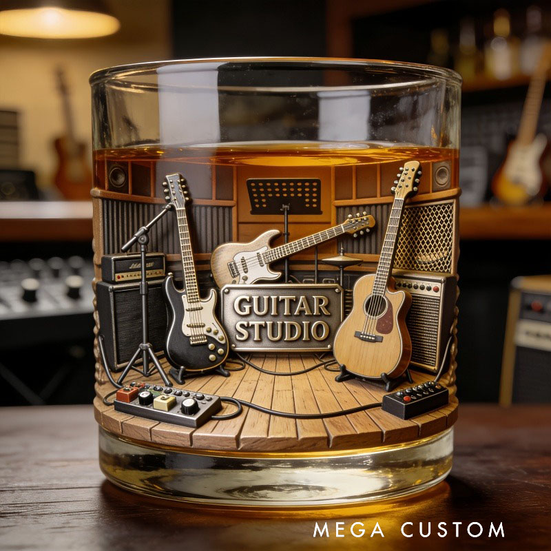 Personalized Guitar Studio Themed Whiskey Glass with Custom Text Whiskey Glass Engraved Glasses Gift for Guitar Players Musicians Music Producers
